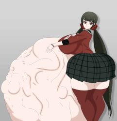 belly_bulge big_butt black_hair damnitshuge danganronpa danganronpa_v3 female female_pred female_prey hair_scrunchie harukawa_maki looking_at_viewer looking_back looking_back_at_viewer red_eyes scrunchie skirt very_long_hair vore