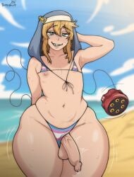 1boys androgyne_symbol androgynous arc_system_works armpits bikini blonde_hair bridget femboy guilty_gear guilty_gear_strive huge_thighs male_focus male_only nun's_habit otoko_no_ko otokonoko sheepish_grin sweat teenager therabutt thick_thighs transgender_pride_colors trap yo-yo