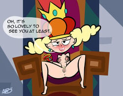 atomickingboo blonde_hair crown disney disney_xd drunk earrings english_text female nipples nude pubic_hair queen_delightful solo the_7d throne wine