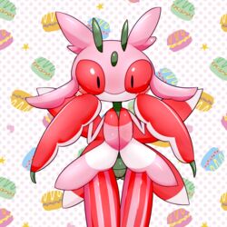 1girls 2016 antennae black_eyes blush cottontail female food hands_up highres insect insect_girl looking_at_viewer lurantis macaroon mantis nintendo no_humans no_mouth pink_sclera pinstripe_pattern pokemon pokemon_sm pussy shiny_skin solo standing star thigh_gap uncensored white_background