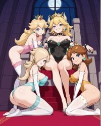 4girls ai_generated blonde_hair blue_eyes blush bowsette breasts brown_hair choker cleavage collarbone covered_navel crown earrings elbow_gloves female_only femdom harem indoors kneeling large_breasts leotard long_hair looking_at_viewer mario_(series) moon multiple_girls nail_polish night nintendo notreallyhere perky_breasts princess_daisy princess_peach princess_rosalina red_carpet sharp_teeth sitting smile spiked_collar super_mario_bros. thighhighs thighs throne