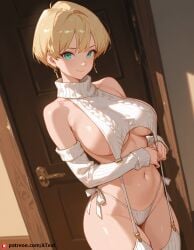 ai_generated aqua_eyes blonde_hair breasts dragon_ball earrings erasa female large_breasts looking_at_viewer navel smile suggestive virgin_destroyer_sweater