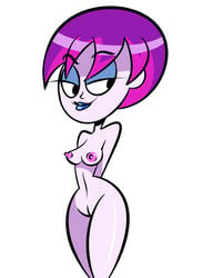 atomickingboo blue_lipstick disney disney_xd eyebrows_visible_through_hair hands_behind_back hildy_gloom nipples nude purple_hair purple_skin short_hair the_7d white_background