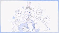 >_< ;) animal_ears bangs bare_arms bare_shoulders bikini blue_eyes blush breasts bunny bunny_ears closed_eyes closed_mouth diagonal_stripes eyebrows_visible_through_hair eyewear_on_head female hair_between_eyes hand_up hands_up heart long_hair looking_at_viewer one_eye_closed small_breasts smile solo star_(symbol) striped striped_background sunglasses swimsuit vertical_stripes very_long_hair virtual_youtuber vyugen yenko