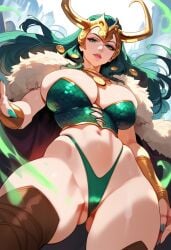 2d ai_generated big_breasts bustier cape female female_focus female_only genderswap_(mtf) helmet horn horns loki_(marvel) long_hair marvel marvel_comics panties rule_63 solo solo_female solo_focus tagme thighhigh_boots