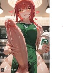 1futa 1futanari ai_generated below_view big_ass big_breasts big_penis big_thighs biting_lip breasts chainsaw_man cum cum_drip futa_only futanari green_apron hi_res high_quality high_resolution lvl7kat makima_(chainsaw_man) red_hair yellow_eyes