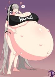 1girls alternate_breast_size areolae artist_name azur_lane bangs belly belly_bigger_than_body black_shirt bloated_belly blush breasts breasts_bigger_than_head breasts_on_belly closed_eyes female female_focus fetal_movement formidable_(azur_lane) gigantic_belly gigantic_breasts gradient_background grey_hair hand_on_own_belly headphones heart hyper hyper_belly hyper_pregnancy listening_to_music long_hair nipples open_mouth pregnant pregnant_female ready_to_pop round_belly shirt skindentation standing text_on_clothing timaeus