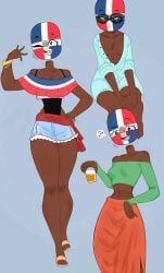 alcohol alcoholic almost_nude barely_clothed big_ass big_thighs bracelet brown_skin brown_skinned brown_skinned_female cheerful clothed countryhumans countryhumans_girl curvaceous_figure curvy dominican_republic_(countryhumans) drunk eyebrows_raised female female_focus flawsy floating_head grabbing_object hands_on_knees happy hip_sway jeans legs_crossed long_legs looking_at_viewer medium_breasts one_eye_closed open_mouth questionable short_jeans sitting smiling standing sunglasses sunglasses_on_face swaying_hips thick_thighs tiny_waist walking wide_hips