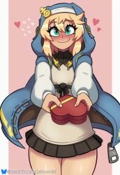 1dickgirl 1girls ai_generated androgyne_symbol blonde_hair bluesky_logo bluesky_username blush blushing_at_viewer blushing_female bridget bridget chocolate_box gift green_eyes guilty_gear heart hoodie self_upload skirt standing sweatdrop trans_woman valentine's_day yasuhikonsfw zipper