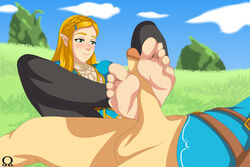 barefoot blonde_hair blush bottomless breath_of_the_wild champion's_tunic clothed_female_nude_male erection feet female footjob hylian link link_(breath_of_the_wild) male manual no_shoes omegazero01 outdoors pale_skin penis pointy_ears princess_zelda soles straight the_legend_of_zelda toes zelda_(breath_of_the_wild)