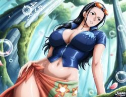 1girls bare_arms bare_legs bare_thighs big_breasts black_hair blue_eyes blush clothed clothing color female female_focus female_only hi_res jemmasoria large_breasts light-skinned_female light_skin long_hair looking_at_viewer nico_robin one_piece shounen_jump solo solo_female sunglasses tagme thick_thighs