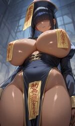 1girls ai_generated andava_(style) areola areola_slip areolae areolae_slip black_hair blunt_bangs celia_(kosine1777) chinese_clothes chinese_mythology dark-skinned_female dark_skin hair_over_eyes hairbun hat huge_breasts hyper hyper_breasts jiangshi jiangshi_costume kosine1777 kosineverse long_hair long_sleeves monster_girl mythology original original_character pelvic_curtain public_domain red_ribbon ribbon talisman talisman_pasties