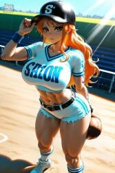 abs ai_generated baseball_uniform jayy2slnt looking_at_viewer muscles muscular muscular_female nami nami_(one_piece) one_piece orange_eyes orange_hair shounen_jump