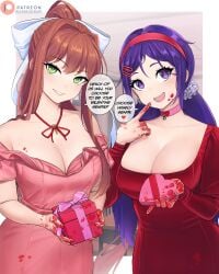 2girls blood breasts chocolate choker cleavage crazy_mita_(miside) crossover dismaiden doki_doki_literature_club dress english_text female female_only gift large_breasts looking_at_viewer miside mita_(miside) monika_(doki_doki_literature_club) speech_bubble take_your_pick talking_to_viewer valentine's_day yandere