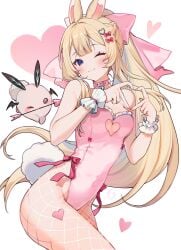 animal_ears bangs bare_shoulders blonde_hair blue_eyes blush bow braid breasts bunny bunny_ears bunny_girl bunny_hair_ornament bunny_tail bunnysuit cleavage closed_mouth collar cowboy_shot detached_collar diagonal_stripes eyebrows_visible_through_hair female fishnet_legwear fishnets hair_ornament hairbow hairclip heart heart_hands leotard long_hair looking_at_viewer one_eye_closed pink_bow pink_leotard pink_neckwear pink_ribbon ponytail ribbon small_breasts smile solo strapless strapless_leotard striped tail very_long_hair virtual_youtuber vyugen wrist_cuffs yenko yenkoes