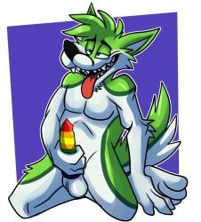 anthro balls black_nose canid canine canis digital_media_(artwork) erection fatalsyndrome fidget_the_fox fox fur genitals green_body green_eyes green_fur hair hi_res male male_only mammal masturbation multicolored_penis nude penis simple_background smile solo tail teeth tongue tongue_out white_body white_fur