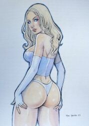 ass ass_focus blonde_female blonde_hair blue_eyes breasts bubble_butt cleavage corset dat_ass ed_benes_studio emma_frost female female_only grabbing_own_ass hellfire_club large_breasts marc_holanda marvel marvel_comics panties small_panties thong thong_panties white_queen x-men