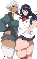 2girls ahoge alternate_body_size ass asticassia_school_uniform black_hair black_skirt blue_eyes bow bowtie breasts chocolate_and_vanilla crossover dark-skinned_female dark_skin female female_only grey_hair gridman_universe gridman_universe_(film) gundam gundam_suisei_no_majo highres huge_thighs jacket large_breasts leotard long_hair long_sleeves looking_at_viewer oryuto pleated_skirt red_bow school_uniform secelia_dote shirt short_hair short_sleeves shorts simple_background skirt smile ssss.gridman takarada_rikka thick_thighs thighhighs thighs white_thighhighs wide_hips