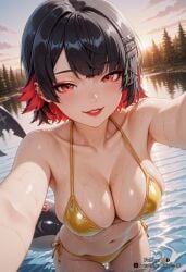 2025 ai_generated bangs bare_shoulders bikini black_hair blush breasts cleavage collarbone ear_piercing ellen_joe female female female_focus hair_ornament halterneck hoyoverse large_breasts looking_at_viewer makeup mihoyo mole mole_under_eye multicolored_hair navel nsfw outdoors parted_lips piercing red_eyes red_hair rognezart short_hair side-tie_bikini_bottom smile solo string_bikini swimsuit tail tree two-tone_hair wading water wet yellow_bikini zenless_zone_zero