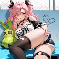 ai_generated breasts horny nicole_demara pink_hair plushie shorts spread_anus teasing torn_thighhighs twintails wet zenless_zone_zero