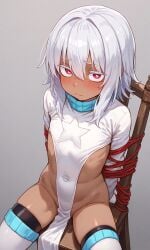 ai_generated andava_(style) blue_highlights blush dark_skin flat_chest kiwami-chan kiwami-highlow kosine1777 long_sleeves no_panties pelvic_curtain pink_eyes sideless_outfit sitting tied tied_to_chair tied_up urination urine urine_stream white_hair white_thighhighs white_topwear