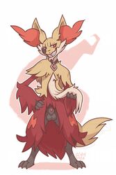 1boy 2014 animal_genitalia anthro buyobutt delphox front_view furry grin male male_only nintendo nude penis penis_tip pokemon pokemon_xy pose restricted_palette sheath simple_background smile smug solo standing tail testicles text video_games