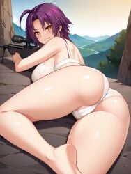 ahoge ai_generated ass azuma_marina bare_shoulders big_ass big_breasts breasts cleavage cliff female grin huge_ass huge_breasts isogil kashidashi_tsuma_marina_no_"netorase"_houkoku_binkan_tsuma_to_zetsurin_daigakusei lying_down lying_on_stomach mountain purple_hair seductive seductive_eyes seductive_look seductive_smile sexy_pose shiny_skin short_hair smile sniper sniper_rifle stretching thick_thighs thighs white_bra white_panties white_underwear