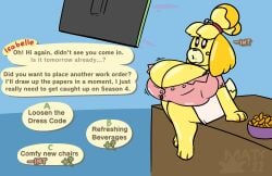 animal_crossing canine dialogue huge_breasts isabelle_(animal_crossing) mattthetooncat