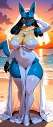 1girls beach blush curvaceous curvy generation_4_pokemon lucario milf nintendo pokemon pokemon_(species) red_eyes sirenia skin_tight voluptuous wedding_dress wedding_veil