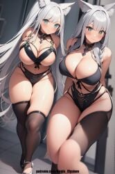 2girls aegis_elysium ai_art ai_generated animal_ears blush blushing_at_viewer breasts cat_ears cat_girl cat_girls cleavage female_focus gem gloves hair_ornament headpiece highres huge_breasts jewelry large_breasts lingerie long_hair looking_at_viewer navel night original_character patreon patreon_username silver_hair skimpy skimpy_clothes skimpy_outfit solo solo_focus thick_thighs thighhighs thighs tiara very_long_hair