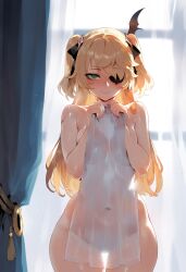 1girls bangs blonde_hair blush breasts closed_mouth collarbone covered_navel covering cowboy_shot curtain_grab curtains curvy depressu eyebrows_visible_through_hair eyepatch fischl_(genshin_impact) genshin_impact green_eyes groin hair_between_eyes hair_ornament holding huge_breasts indoors long_hair looking_at_viewer mole naughty_face navel nude nude_cover see-through see-through_silhouette smile solo thick_thighs towel twintails two_side_up window