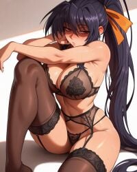 1girls ai_generated akeno_himejima bangs bare_shoulders black_bra black_clothes black_garter_belt black_hair black_legwear black_panties black_thighhighs black_underwear blush bra breast_press breasts clavicle cleavage closed_mouth clothing curvaceous curvaceous_female curvaceous_figure curvy curvy_figure female female female_focus female_only garter_belt garter_straps hair_between_eyes hair_ornament hair_ribbon high_school_dxd himejima_akeno hyoudou_issei indoors inviting inviting_to_sex knee_up lace lace_trim large_breasts legwear lingerie long_hair looking_at_viewer navel orange_ribbon pantsu parted_lips ponytail presenting presenting_ass presenting_breasts presenting_hindquarters presenting_pussy presenting_self purple_eyes red_eyes ribbon seductive seductive_look seductive_smile shiny sidelocks sitting skindentation solo sweat thick_thighs thighhighs thighs tied_hair underwear underwear_only very_long_hair voluptuous voluptuous_female waifuinvoker