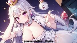 1girls aegis_elysium ai_art ai_generated blush blushing_at_viewer boo_(mario) booette boosette breasts cleavage crown dress female_focus gem gloves hair_ornament headpiece highres huge_breasts jewelry large_breasts long_hair looking_at_viewer navel night original_character patreon patreon_username princess silver_hair sky solo solo_focus starry_sky stars super_crown thick_thighs thighs tiara very_long_hair white_dress