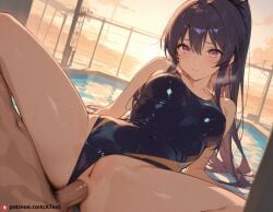 1boy ai_generated anal_sex beautfiul_background industrial_wind light_blush medium_breasts one-piece_swimsuit stunning_backgroud sunshine yatogami_tooka