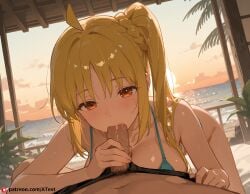 1boy ai_generated beach_background bikini blonde_hair blush bocchi_the_rock! breasts erection fellatio huge_breasts ijichi_nijika male navel orange_eyes penis pov pubic_hair saliva uncensored