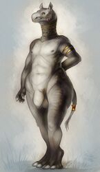 2016 3_toes 4_fingers anthro armlet ass balls big_butt biped black_fur deep_navel digital_painting_(artwork) digitigrade ear_piercing facial_piercing flaccid front_view fur gold_(metal) gold_jewelry gradient_background grass grey_background grey_nipples grey_skin hairless hand_behind_back hi_res hooved_fingers hooves huge_butt jewelry long_foreskin looking_at_viewer male male_only mammal navel necklace nipples nose_chain nose_piercing nude overweight overweight_male paraceratherium penis piercing pinup pose quirachen rhinoceros shackles signature simple_background skindentation smile solo standing tail_cuff tail_ring tail_tuft toes tuft uncut white_background wrinkles yellow_eyes