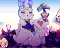 1boy 2girls animal_crossing animal_crossing_boy animated anthro blush breasts chrissy_(animal_crossing) clothed clothing color colored duo_focus female francine_(animal_crossing) fur furry heart home-cooking incest lip_biting looking_pleasured male nintendo pussy rabbit sex sisters tribadism video_games yuri