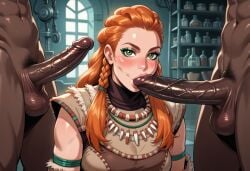 1girls ai_generated aloy armor big_breasts black_thong blowjob breasts civitai crop_top cropped_shirt dark-skinned_male dark_skin earrings eyeliner fellatio female freckles green_eyes horizon_zero_dawn interracial light-skinned_female light_skin long_hair oral oral_sex orange_hair panviewai pinup red_hair scarf sucking sucking_penis thong tribal tribal_clothing