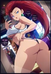 1boy 1girls ass ass ass_focus back back_view bare_arms bare_legs bare_shoulders bare_thighs big_ass big_breasts big_butt blue_eyes blush color english_text felox08 female game_freak hi_res james_(pokemon) jessie_(pokemon) large_breasts light-skinned_female light_skin long_hair looking_at_viewer male male/female nintendo panties pokemon pokemon_trainer purple_hair short_hair smartphone tagme team_rocket text text_bubble thick_thighs valentine's_day