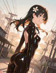 ai_generated beautfiul_background black_hair blue_eyes breasts cowgirl_sex flower_ornament grin hair_ornament industrial_wind latex_bodysuit long_hair saten_ruiko small_breasts stunning_backgroud to_aru_majutsu_no_index