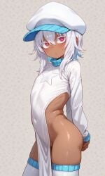 ai_generated andava_(style) blue_highlights blush dark_skin flat_chest hat kiwami-chan kiwami-highlow kosine1777 long_sleeves no_panties pelvic_curtain pink_eyes sideless_outfit white_hair white_thighhighs white_topwear