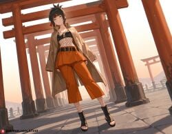 ai_generated beautfiul_background belt black_hair brown_eyes coat folded_ponytail forehead_protector mesh_bodysuit mitarashi_anko necklace orange_skirt rolling_eyes small_breasts stunning_backgroud toeless_footwear torii v_arms