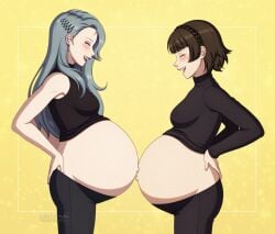 2girls atlus bellies_touching big_belly bloated_belly blush brown_hair closed_eyes clothed clothing female female_only gray_hair happy heavily_pregnant long_hair makoto_niijima misscherrylle multiple_pregnancies navel outie_navel persona persona_5 pregnant sae_niijima siblings silver_hair sisters wholesome