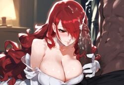 1boy 1girls ai_generated cum dark-skinned_male ded_173 handjob huge_cock mitsuru_kirijo persona persona_3 persona_5 red_eyes red_hair