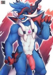 abs anthro beard blush claws facial_hair generation_8_pokemon genitals hi_res hisuian_form hisuian_samurott jewelry looking_at_viewer male mohawk moustache muscular naika necklace nintendo open_mouth pecs penis pokemon pokemon_(species) reed_(dreeda) regional_form_(pokemon) solo