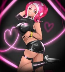 1girls 2d agent_8_(octo_expansion) agent_8_(splatoon) big_breasts exposed_midriff female female_focus female_only heart heart_background heel_boots large_breasts leather_clothing looking_at_viewer midriff midriff_baring_shirt miniskirt nintendo nintendo_switch nipple_bulge nipple_outline norishiitsu octoling octoling_girl one_leg_up one_sleeve pink_eyebrows pink_hair sexy solo_female splatoon splatoon_(series) splatoon_2 splatoon_2:_octo_expansion sugestive_pose tagme tanned_female tanned_skin tentacle_hair thigh_band unusual_hair yellow_eyes