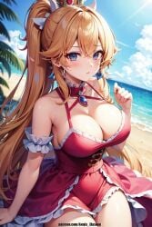 1girls aegis_elysium ai_art ai_generated beach blonde_hair blue_eyes blush blushing_at_viewer breasts cleavage crown day female_focus gem hair_ornament headpiece highres huge_breasts jewelry large_breasts lingerie long_hair looking_at_viewer lying navel nintendo outdoors patreon patreon_username peach princess princess_peach sand sea seaside sitting sky sofa solo solo_focus super_mario_bros. super_mario_galaxy thick_thighs thighs tiara tree vegetation very_long_hair water