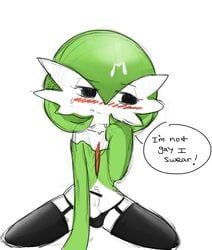 1boy 2017 blush boxf clothed clothing cum dialogue english_text erection gardevoir male male_gardevoir male_only male_pokemon nintendo pokemon pokemon_(species) pokemon_rse simple_background solo solo_male testicles text video_games white_background