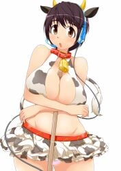 1girls 2012 between_breasts blush blush_lines blushing_at_viewer breasts brown_eyes brown_hair clothed clothing collar cow_ears cow_girl cow_horns cow_outfit cow_print_bikini cow_print_bra cow_print_skirt cowbell crossed_arms cute cute_expression gotoshi_(gtshi5104) huge_breasts idolmaster idolmaster_cinderella_girls microphone oikawa_shizuku panties pink_panties shiny_skin shizuku_oikawa stick_between_breasts white_background