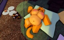 anthro big_breasts bloxy_cola breasts bucket catte_(kaiju_paradise) female food furry kaiju_paradise overweight pink_nipples pink_pussy ravenuwu roblox self_upload sleeping